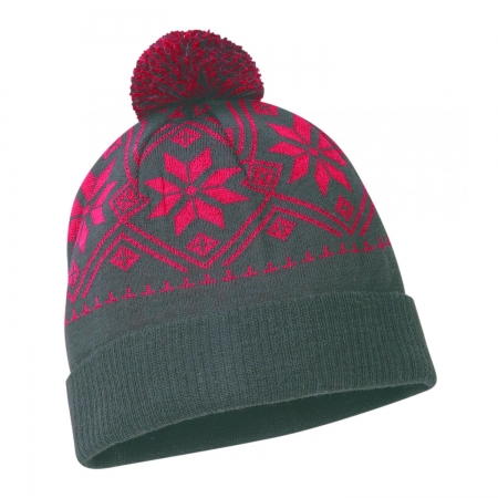 Шапка Kombi Pom Pom charcoal серая с розовым рисунком